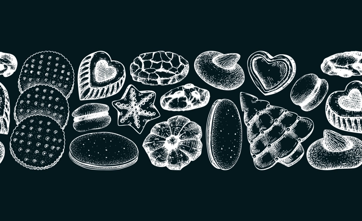 Bakery shop seamless pattern. Cookies background on chalkboard. Cookies with almond, chocolate, jam, crackers, chips hand drawn illustrations Popular pastry ribbon for print, banner, packaging design
